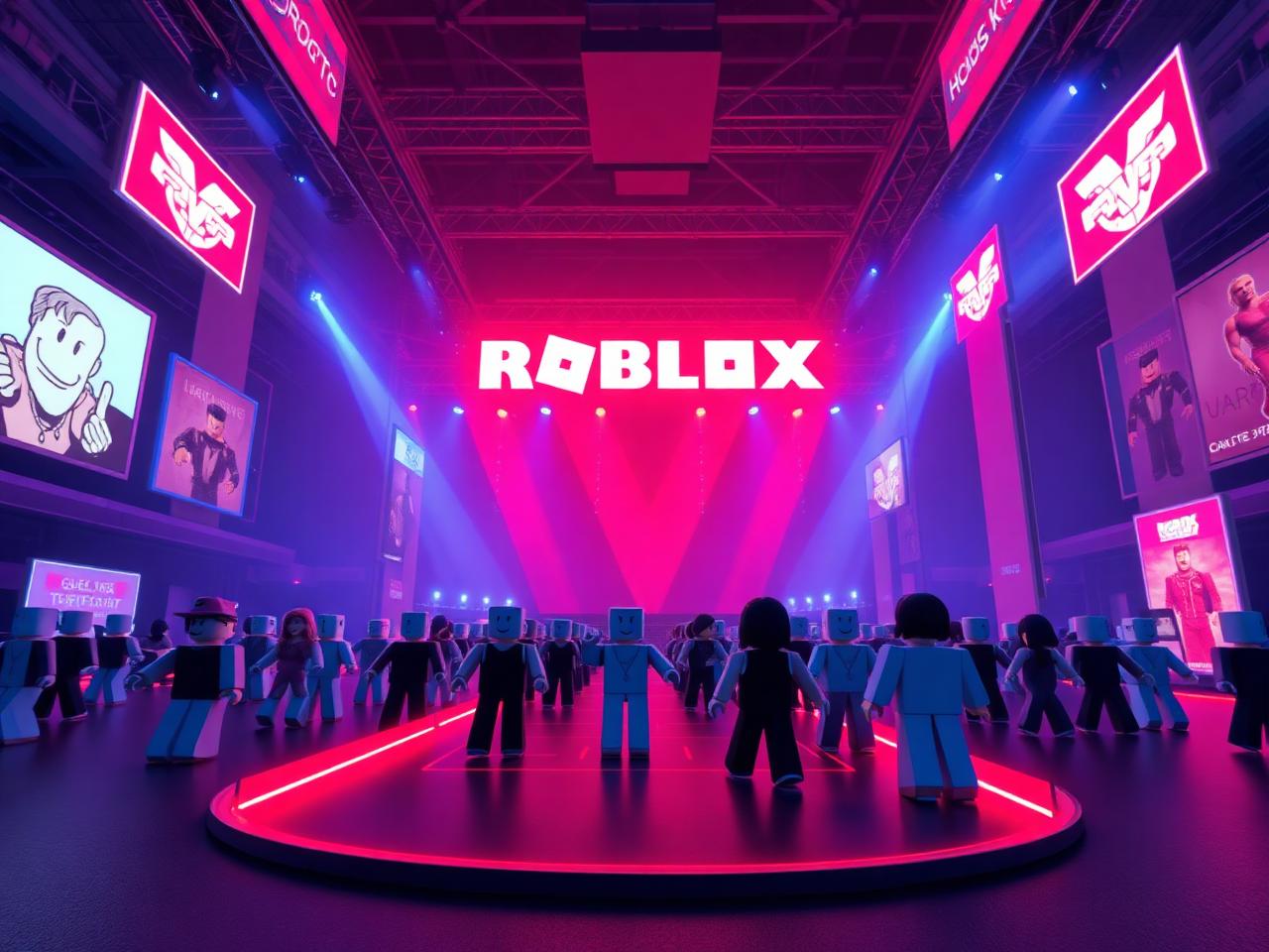 Arena virtual con avatares de Roblox y escenario iluminado