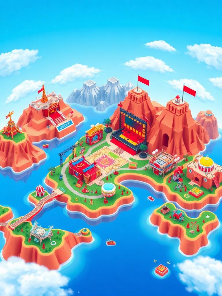 Mundo virtual con escenarios y plataformas